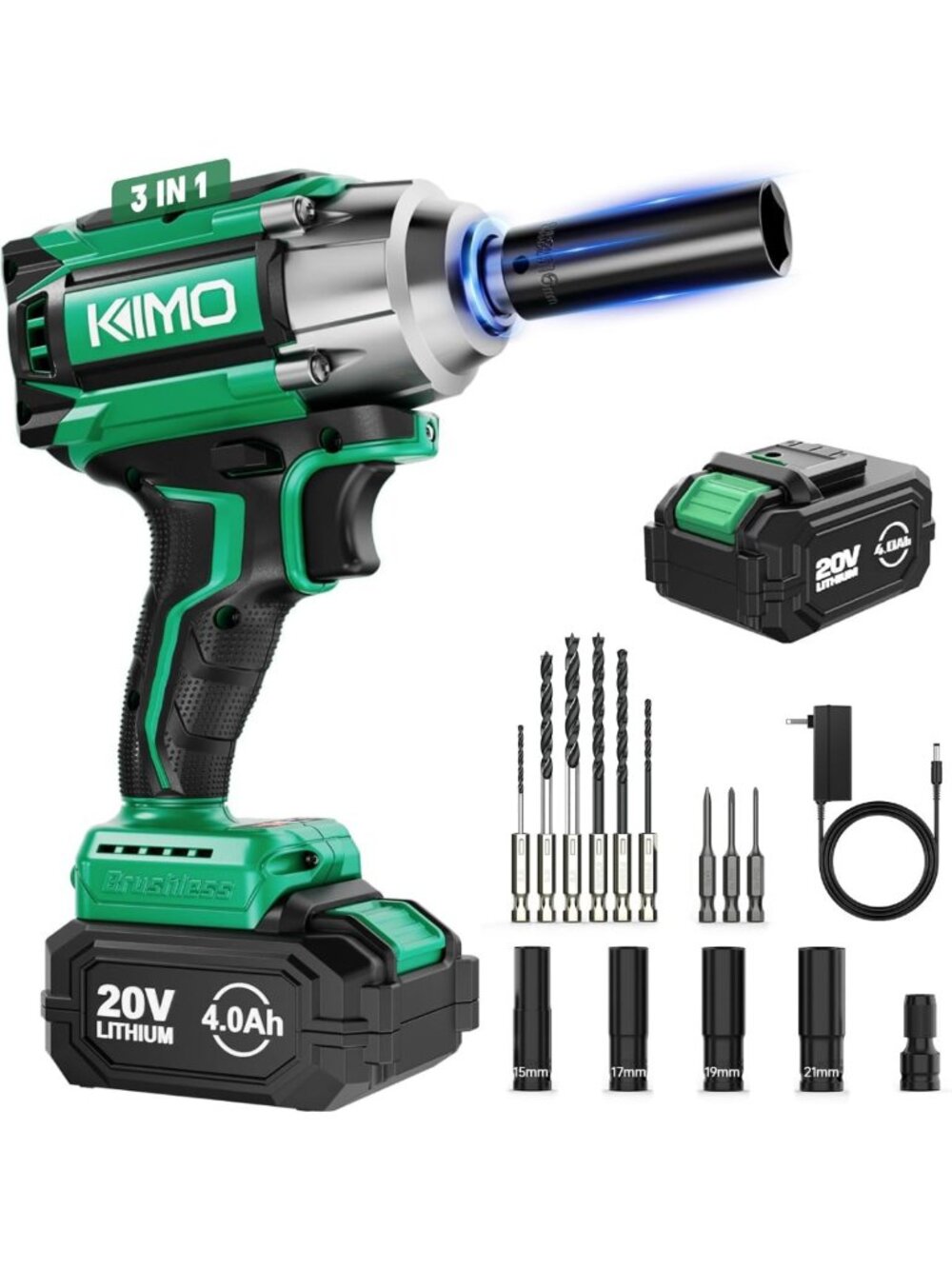 Cordless 1/2" Impact Wrench for Car Tires, Powerful 20V Impact Gun, Tool Kit